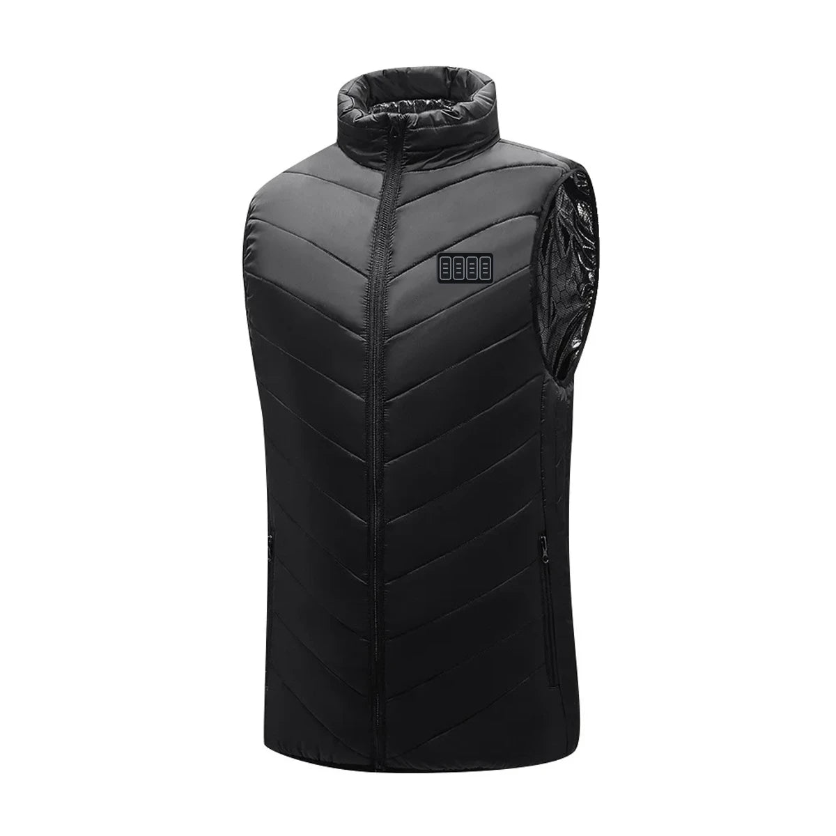 Gilet chauffant sans manches noir vu de face, avec son bouton à 4 touches sur la poitrine