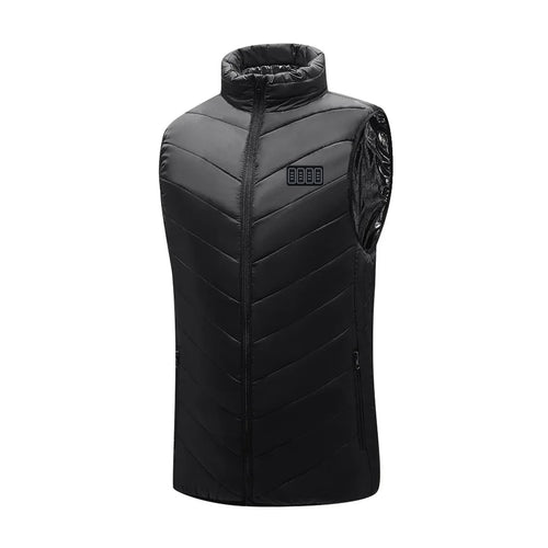 Gilet chauffant sans manches noir vu de face, avec son bouton à 4 touches sur la poitrine