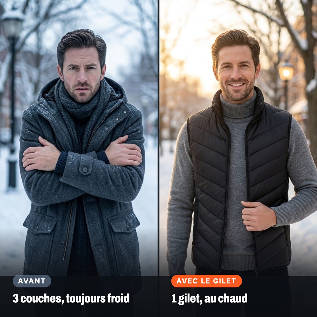 Avant / avec le gilet chauffant Nordelyn